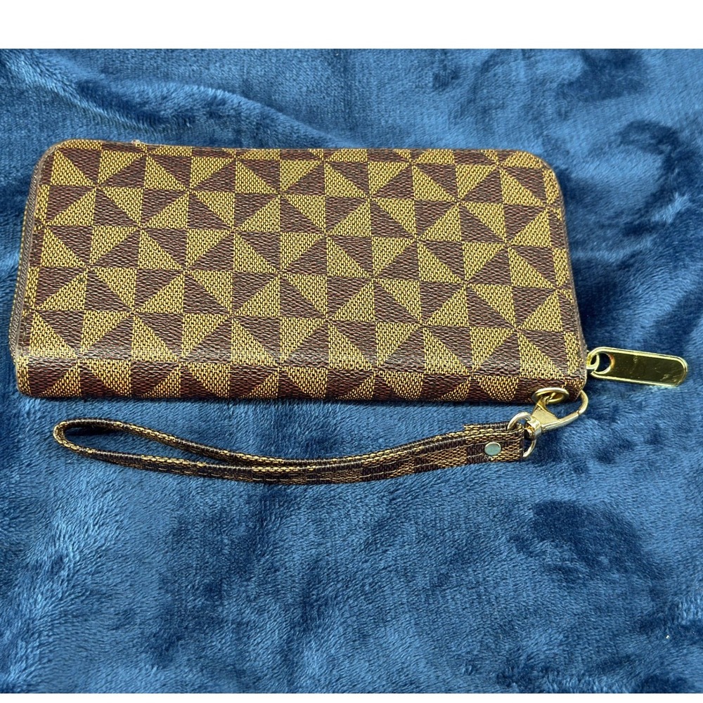 Brown Geometric Print Zip Around Wristlet Wallet Women's Faux Leather Organizer